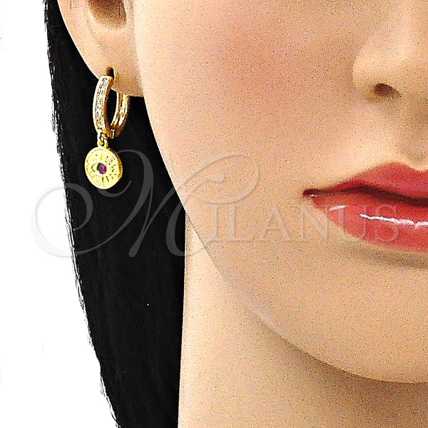 Gold Filled Hoop Earrings — Huggie Hoop Evil Eye Design with Ruby Cubic — alternate product view — SKU 141673 | Oro Laminado aretes de aro — Huggie Hoop Evil Eye diseño with Ruby Cubic — SKU 141673