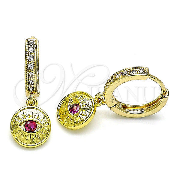 Gold Filled Hoop Earrings — Huggie Hoop Evil Eye Design with Ruby Cubic — main product view — SKU 141673 | Oro Laminado aretes de aro — Huggie Hoop Evil Eye diseño with Ruby Cubic — SKU 141673