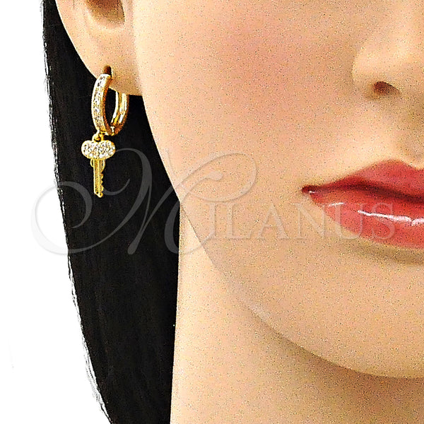 Gold Filled Hoop Earrings — Huggie Hoop key Design with White Micro Pave — alternate product view — SKU 141684 | Oro Laminado aretes de aro — Huggie Hoop key diseño with blanco Micro Pave — SKU 141684