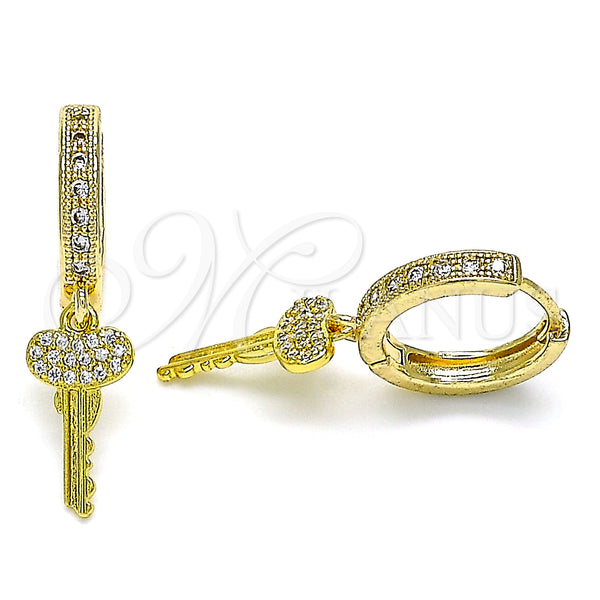 Gold Filled Hoop Earrings — Huggie Hoop key Design with White Micro Pave — main product view — SKU 141684 | Oro Laminado aretes de aro — Huggie Hoop key diseño with blanco Micro Pave — SKU 141684