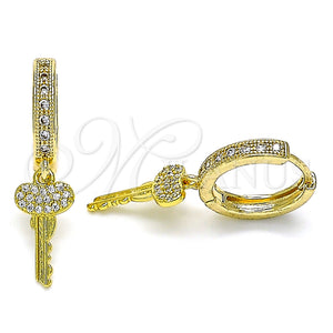 Gold Filled Hoop Earrings — Huggie Hoop key Design with White Micro Pave — main product view — SKU 141684 | Oro Laminado aretes de aro — Huggie Hoop key diseño with blanco Micro Pave — SKU 141684