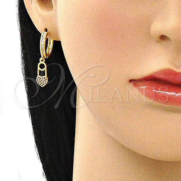 Gold Filled Hoop Earrings — Huggie Hoop Heart Design with Ruby and White — alternate product view — SKU 141689 | Oro Laminado aretes de aro — Huggie Hoop corazón diseño with Ruby and blanco — SKU 141689