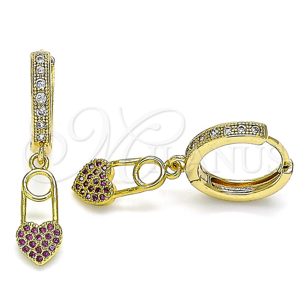 Gold Filled Hoop Earrings — Huggie Hoop Heart Design with Ruby and White — main product view — SKU 141689 | Oro Laminado aretes de aro — Huggie Hoop corazón diseño with Ruby and blanco — SKU 141689