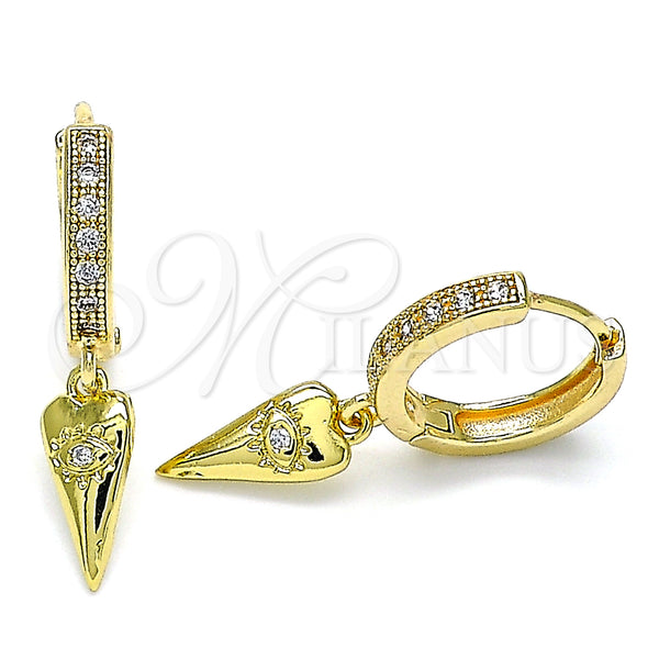 Gold Filled Hoop Earrings — Huggie Hoop Heart and Evil Eye Design with — main product view — SKU 141693 | Oro Laminado aretes de aro — Huggie Hoop corazón and Evil Eye diseño with — SKU 141693