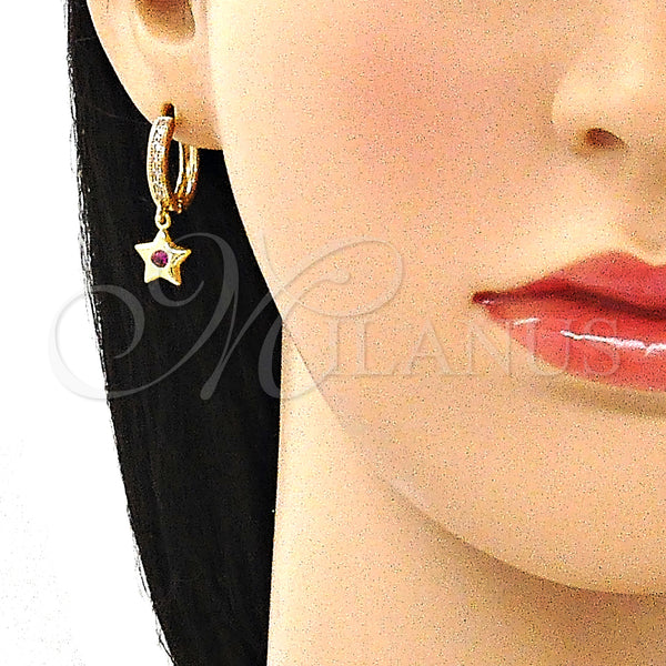 Gold Filled Hoop Earrings — Huggie Hoop Star Design with Ruby Cubic Zirconia — alternate product view — SKU 141702 | Oro Laminado aretes de aro — Huggie Hoop estrella diseño with Ruby Cubic Zirconia — SKU 141702