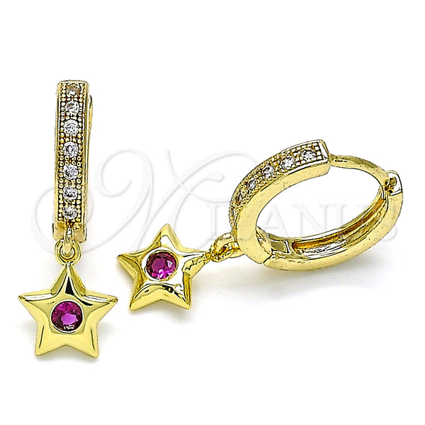 Gold Filled Hoop Earrings — Huggie Hoop Star Design with Ruby Cubic Zirconia — main product view — SKU 141702 | Oro Laminado aretes de aro — Huggie Hoop estrella diseño with Ruby Cubic Zirconia — SKU 141702