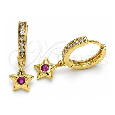 Oro Laminado Huggie Hoop, Gold Filled Style Star Design, with Ruby Cubic Zirconia and White Micro Pave, Polished, Golden Finish, 02.368.0066.15