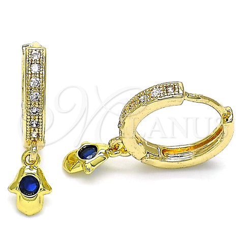 Oro Laminado Huggie Hoop, Gold Filled Style Hand of God Design, with Blue Topaz Cubic Zirconia and White Micro Pave, Polished, Golden Finish, 02.368.0067.15