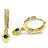 Oro Laminado Huggie Hoop, Gold Filled Style Hand of God Design, with Blue Topaz Cubic Zirconia and White Micro Pave, Polished, Golden Finish, 02.368.0067.15
