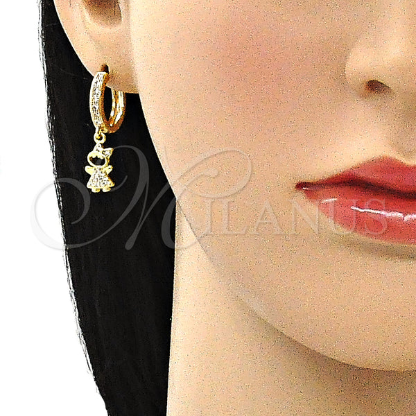 Gold Filled Hoop Earrings — Huggie Hoop Little Girl Design with White Micro — alternate product view — SKU 141710 | Oro Laminado aretes de aro — Huggie Hoop Little Girl diseño with blanco Micro — SKU 141710