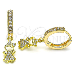 Gold Filled Hoop Earrings — Huggie Hoop Little Girl Design with White Micro — main product view — SKU 141710 | Oro Laminado aretes de aro — Huggie Hoop Little Girl diseño with blanco Micro — SKU 141710