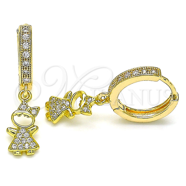 Gold Filled Hoop Earrings — Huggie Hoop Little Girl Design with White Micro — main product view — SKU 141710 | Oro Laminado aretes de aro — Huggie Hoop Little Girl diseño with blanco Micro — SKU 141710