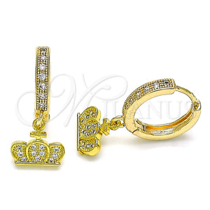 Gold Filled Hoop Earrings — Huggie Hoop Crown Design with White Micro Pave — main product view — SKU 141715 | Oro Laminado aretes de aro — Huggie Hoop Crown diseño with blanco Micro Pave — SKU 141715