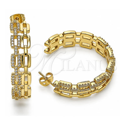 Oro Laminado Stud Earring, Gold Filled Style Paperclip Design, with White Micro Pave, Polished, Golden Finish, 02.341.0090