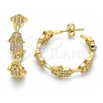 Oro Laminado Stud Earring, Gold Filled Style Judaica and Hand of God Design, with White Micro Pave, Polished, Golden Finish, 02.341.0094