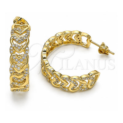 Oro Laminado Stud Earring, Gold Filled Style Heart Design, with White Micro Pave, Polished, Golden Finish, 02.341.0095