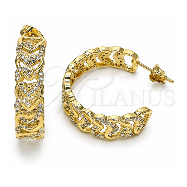 Oro Laminado Stud Earring, Gold Filled Style Heart Design, with White Micro Pave, Polished, Golden Finish, 02.341.0095