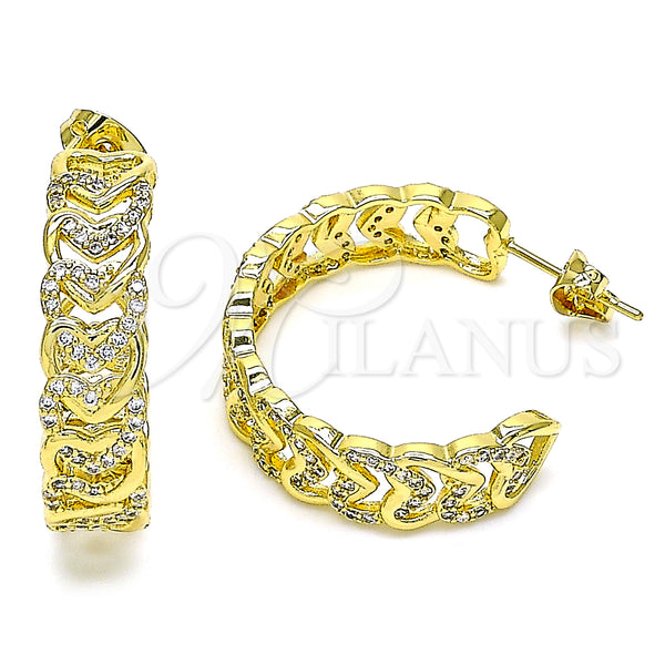 Oro Laminado Stud Earring, Gold Filled Style Heart Design, with White Micro Pave, Polished, Golden Finish, 02.341.0095