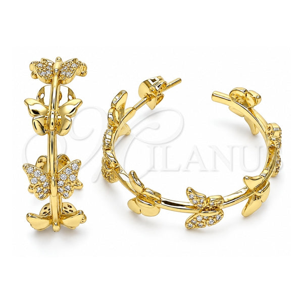 Oro Laminado Stud Earring, Gold Filled Style Butterfly Design, with White Micro Pave, Polished, Golden Finish, 02.341.0096