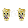 Oro Laminado Stud Earring, Gold Filled Style Owl Design, with Multicolor Micro Pave, Polished, Golden Finish, 02.156.0546.1
