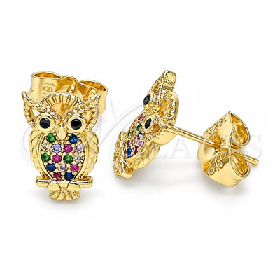 Oro Laminado Stud Earring, Gold Filled Style Owl Design, with Multicolor Micro Pave, Polished, Golden Finish, 02.156.0546.1