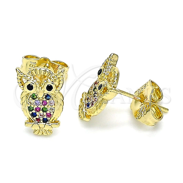Gold Filled Ring — Stud Earring Owl Design with Multicolor Micro Pave — main product view — SKU 141744 | Oro Laminado anillo — Stud Earring Owl diseño with Multicolor Micro Pave — SKU 141744