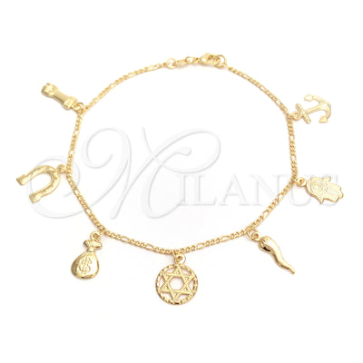 Oro Laminado tobillera — Charm Anklet Judaica and Hand of God diseño por Mayoreo, vista principal del producto