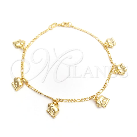 Oro Laminado Charm Anklet , Gold Filled Style Elephant and Figaro Design, Polished, Golden Finish, 03.32.0539.10 (03 MM Thickness, 10 Inches Length)