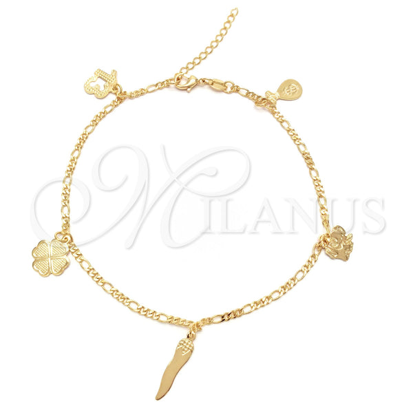 Gold Filled Anklet — Charm Anklet Four-leaf Clover and Money Sign Design — main product view — SKU 141748 | Oro Laminado tobillera — Charm Anklet Four-leaf Clover and Money Sign diseño — SKU 141748