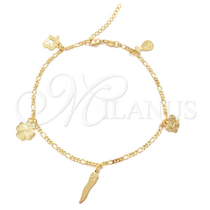 Gold Filled Anklet — Charm Anklet Four-leaf Clover and Money Sign Design — main product view — SKU 141748 | Oro Laminado tobillera — Charm Anklet Four-leaf Clover and Money Sign diseño — SKU 141748