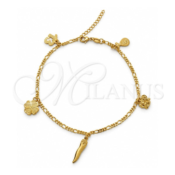 Oro Laminado Charm Anklet , Gold Filled Style Four-leaf Clover and Money Sign Design, Polished, Golden Finish, 03.32.0540.10 (03 MM Thickness, 10 Inches Length)