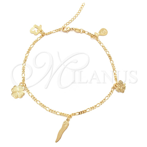 Oro Laminado Charm Anklet , Gold Filled Style Four-leaf Clover and Money Sign Design, Polished, Golden Finish, 03.32.0540.10 (03 MM Thickness, 10 Inches Length)