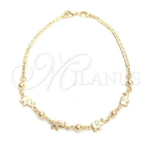 Oro Laminado Charm Anklet , Gold Filled Style Elephant and Mariner Design, Polished, Golden Finish, 03.32.0544.10 (03 MM Thickness, 10 Inches Length)