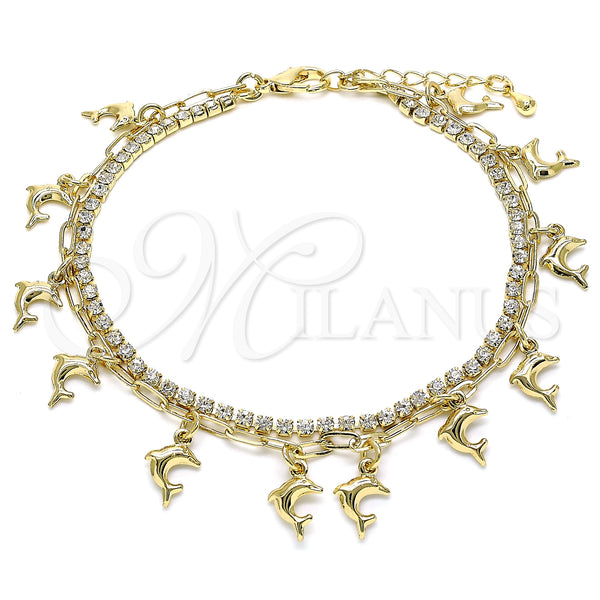 Gold Filled Anklet — Charm Anklet Dolphin and Paperclip Design with White — main product view — SKU 141772 | Oro Laminado tobillera — Charm Anklet Dolphin and Paperclip diseño with blanco — SKU 141772