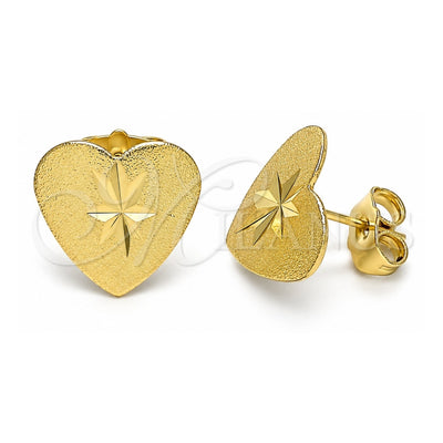 Oro Laminado Stud Earring, Gold Filled Style Heart Design, Diamond Cutting Finish, Golden Finish, 02.100.0125