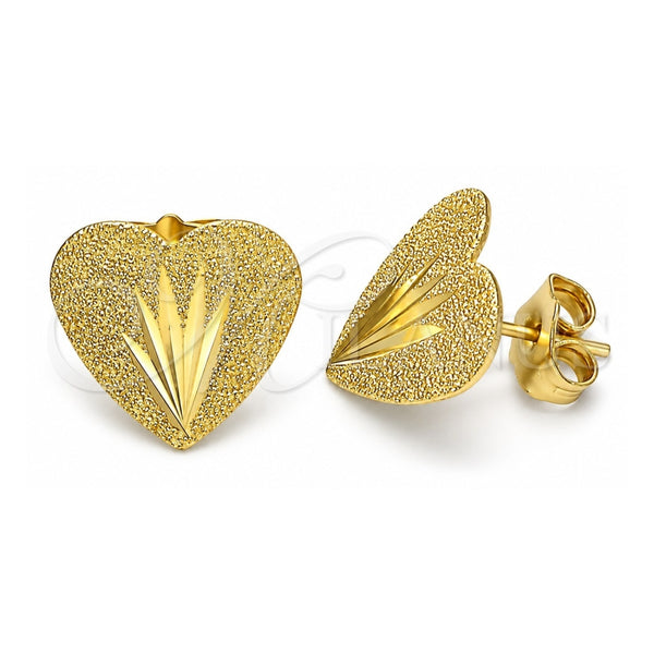 Oro Laminado Stud Earring, Gold Filled Style Heart Design, Diamond Cutting Finish, Golden Finish, 02.100.0127