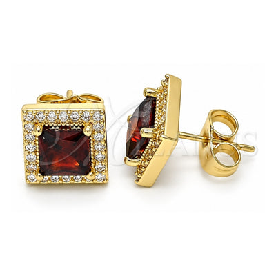 Oro Laminado Stud Earring, Gold Filled Style with Garnet Cubic Zirconia and White Micro Pave, Polished, Golden Finish, 02.210.0477.1