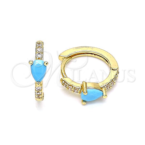 Gold Filled Hoop Earrings — Huggie Hoop Teardrop Design with Turquoise Cubic Zirconia — main product view — SKU 141828 | Oro Laminado aretes de aro — Huggie Hoop Teardrop diseño with Turquoise Cubic Zirconia — SKU 141828