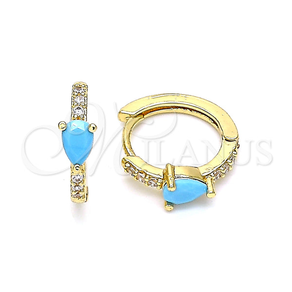 Gold Filled Hoop Earrings — Huggie Hoop Teardrop Design with Turquoise Cubic Zirconia — main product view — SKU 141828 | Oro Laminado aretes de aro — Huggie Hoop Teardrop diseño with Turquoise Cubic Zirconia — SKU 141828