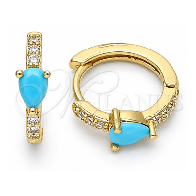 Oro Laminado Huggie Hoop, Gold Filled Style Teardrop Design, with Turquoise Cubic Zirconia and White Micro Pave, Polished, Golden Finish, 02.210.0479.1.15