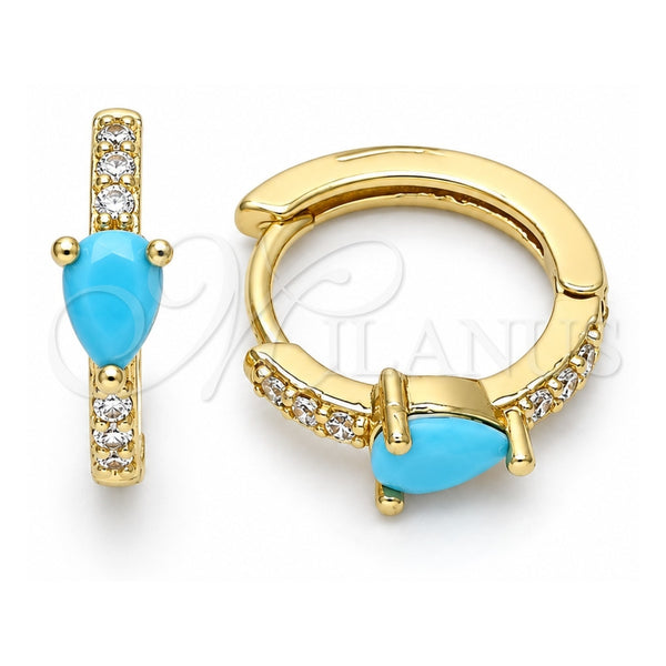 Oro Laminado Huggie Hoop, Gold Filled Style Teardrop Design, with Turquoise Cubic Zirconia and White Micro Pave, Polished, Golden Finish, 02.210.0479.1.15