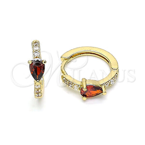 Gold Filled Hoop Earrings — Huggie Hoop Teardrop Design with Garnet Cubic Zirconia — main product view — SKU 141830 | Oro Laminado aretes de aro — Huggie Hoop Teardrop diseño with Garnet Cubic Zirconia — SKU 141830