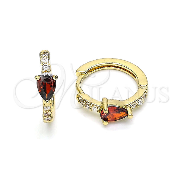 Gold Filled Hoop Earrings — Huggie Hoop Teardrop Design with Garnet Cubic Zirconia — main product view — SKU 141830 | Oro Laminado aretes de aro — Huggie Hoop Teardrop diseño with Garnet Cubic Zirconia — SKU 141830