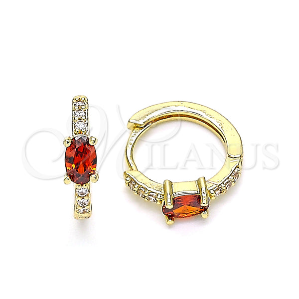 Gold Filled Hoop Earrings — Huggie Hoop with Garnet Cubic Zirconia and White — main product view — SKU 141845 | Oro Laminado aretes de aro — Huggie Hoop with Garnet Cubic Zirconia and blanco — SKU 141845