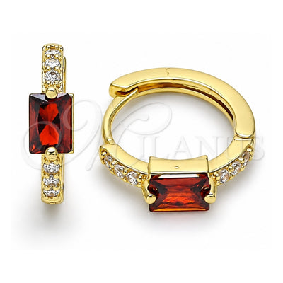 Oro Laminado Huggie Hoop, Gold Filled Style with Garnet Cubic Zirconia and White Micro Pave, Polished, Golden Finish, 02.210.0483.4.15