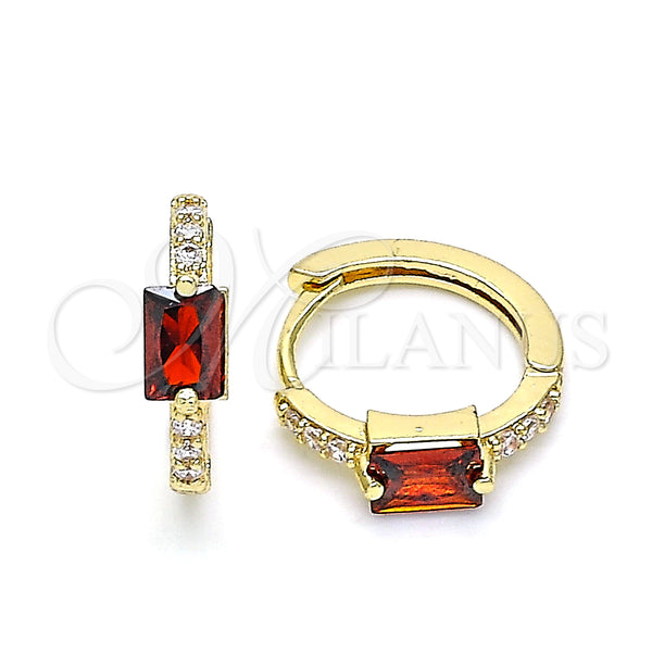 Gold Filled Hoop Earrings — Huggie Hoop with Garnet Cubic Zirconia and White — main product view — SKU 141859 | Oro Laminado aretes de aro — Huggie Hoop with Garnet Cubic Zirconia and blanco — SKU 141859