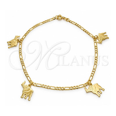 Oro Laminado Charm Anklet , Gold Filled Style Elephant and Concave Cuban Design, Polished, Golden Finish, 03.58.0001.10 (04 MM Thickness, 10 Inches Length)