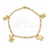 Oro Laminado Charm Anklet , Gold Filled Style Elephant and Concave Cuban Design, Polished, Golden Finish, 03.58.0001.10 (04 MM Thickness, 10 Inches Length)