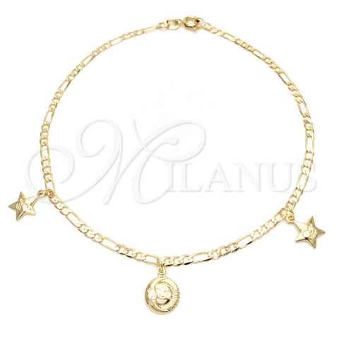 Oro Laminado Charm Anklet , Gold Filled Style Moon and Star Design, Polished, Golden Finish, 03.58.0002.10 (04 MM Thickness, 10 Inches Length)