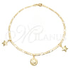 Oro Laminado Charm Anklet , Gold Filled Style Moon and Star Design, Polished, Golden Finish, 03.58.0002.10 (04 MM Thickness, 10 Inches Length)
